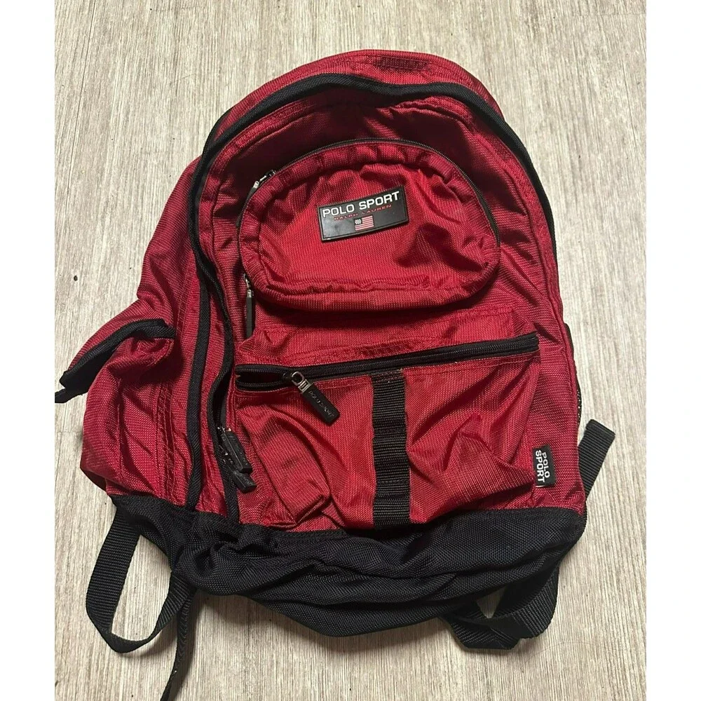 Vintage Polo Sport Ralph Lauren Red Backpack USA Flag Logo 90s Nylon